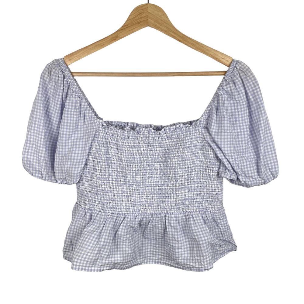 J. Crew Gingham Plaid Squareneck Smocked Cotton Voile Crop Top Lilac White Sz S